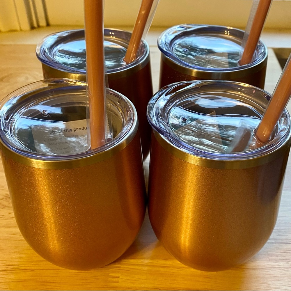 Set of 4 Rose Gold 12 oz Stainless Insulated Tumblers with Lids and Straws